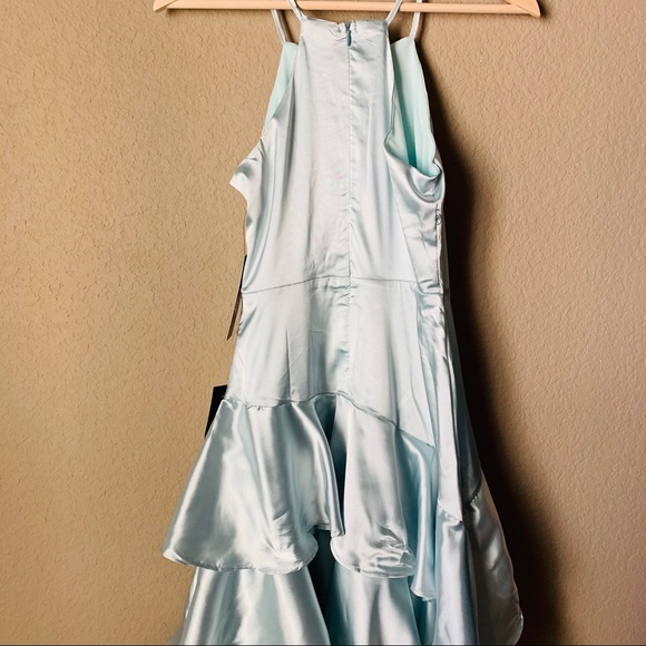 Lulu’s Blue Satin Tiered Asymmetrical Midi Dress - Picture 13 of 13